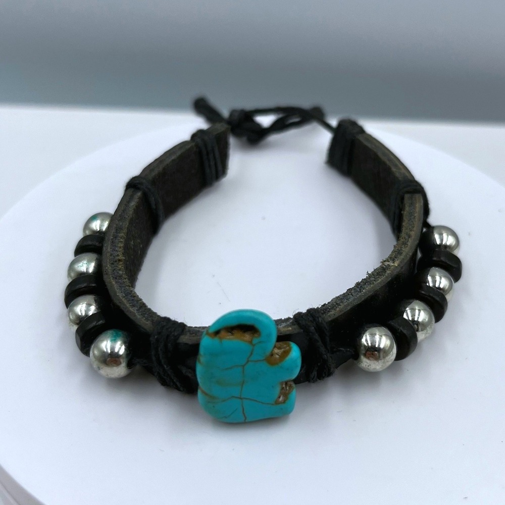 Vintage Black Leather Bracelet Turquoise Howlite‎ Elephant Silver Bead Southwest